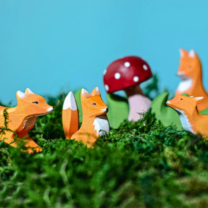 BumbuToys Handcrafted Wooden Animal Sitting Fox Cub from Australia in a small-world play setting