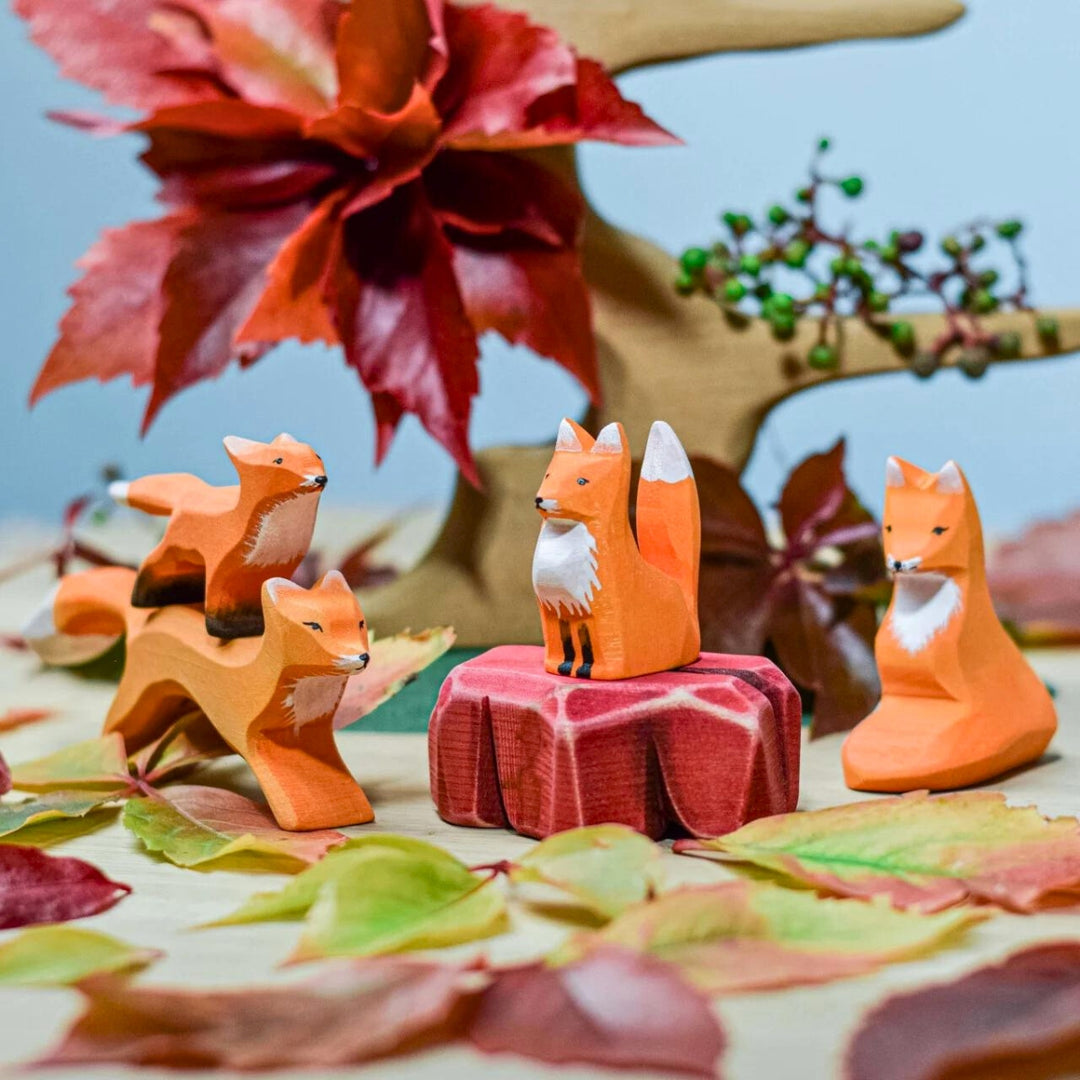 BumbuToys Handcrafted Wooden Animal Baby Fox Cub from Australia in a small-world play setting