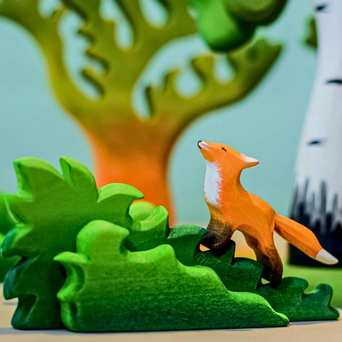 BumbuToys Handcrafted Wooden Animal Baby Fox Cub from Australia in a small-world play setting