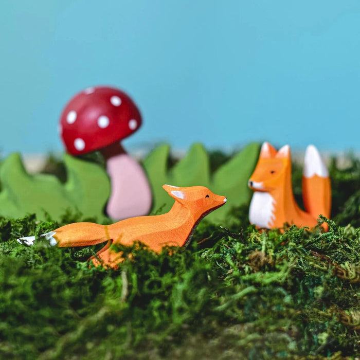 BumbuToys Handcrafted Wooden Animal Baby Fox Cub from Australia in a small-world play setting