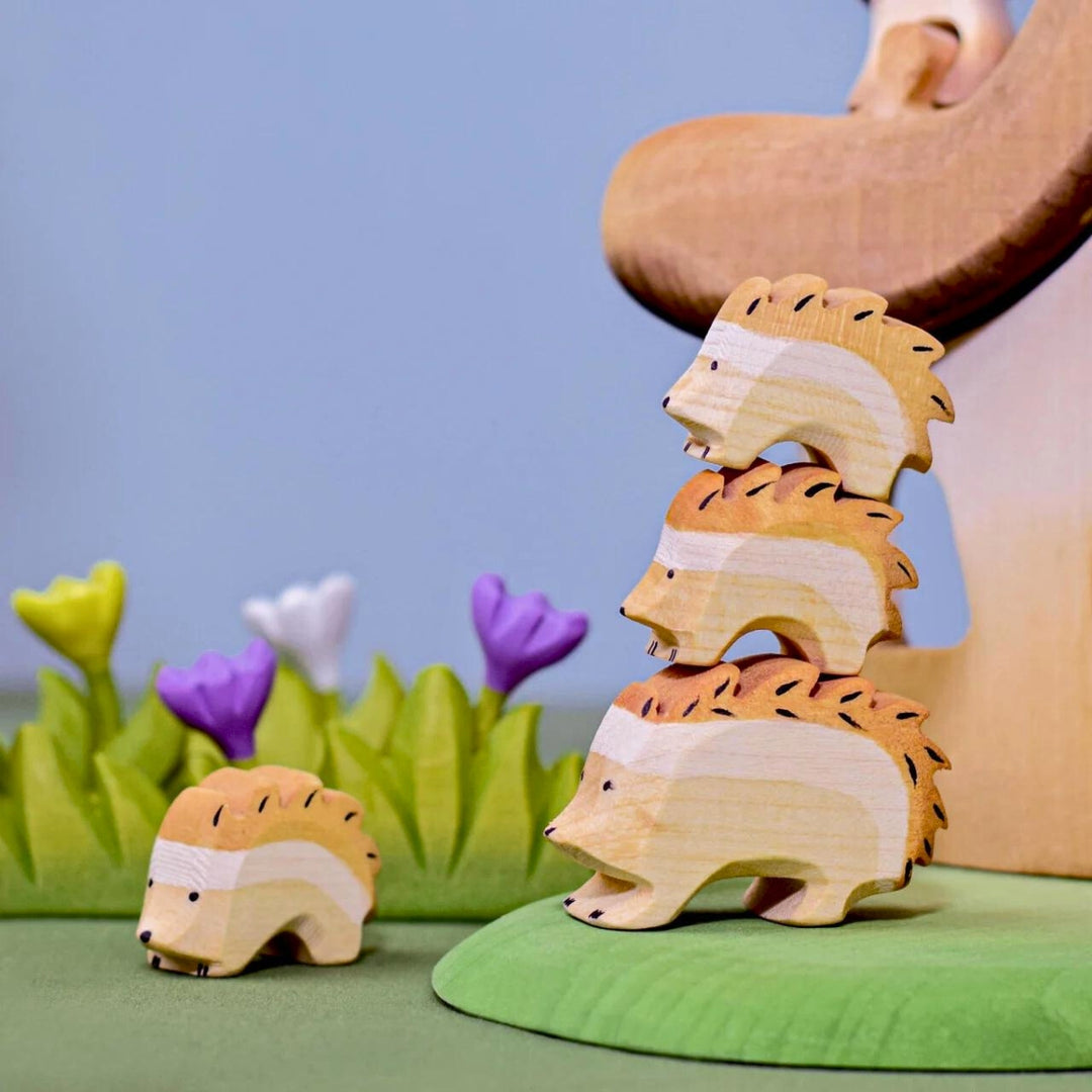 BumbuToys Handcrafted Wooden Animal Hedgehog from Australia in a small-world play setting