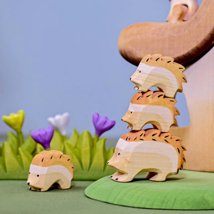BumbuToys Handcrafted Wooden Animal Hedgehog from Australia in a small-world play setting