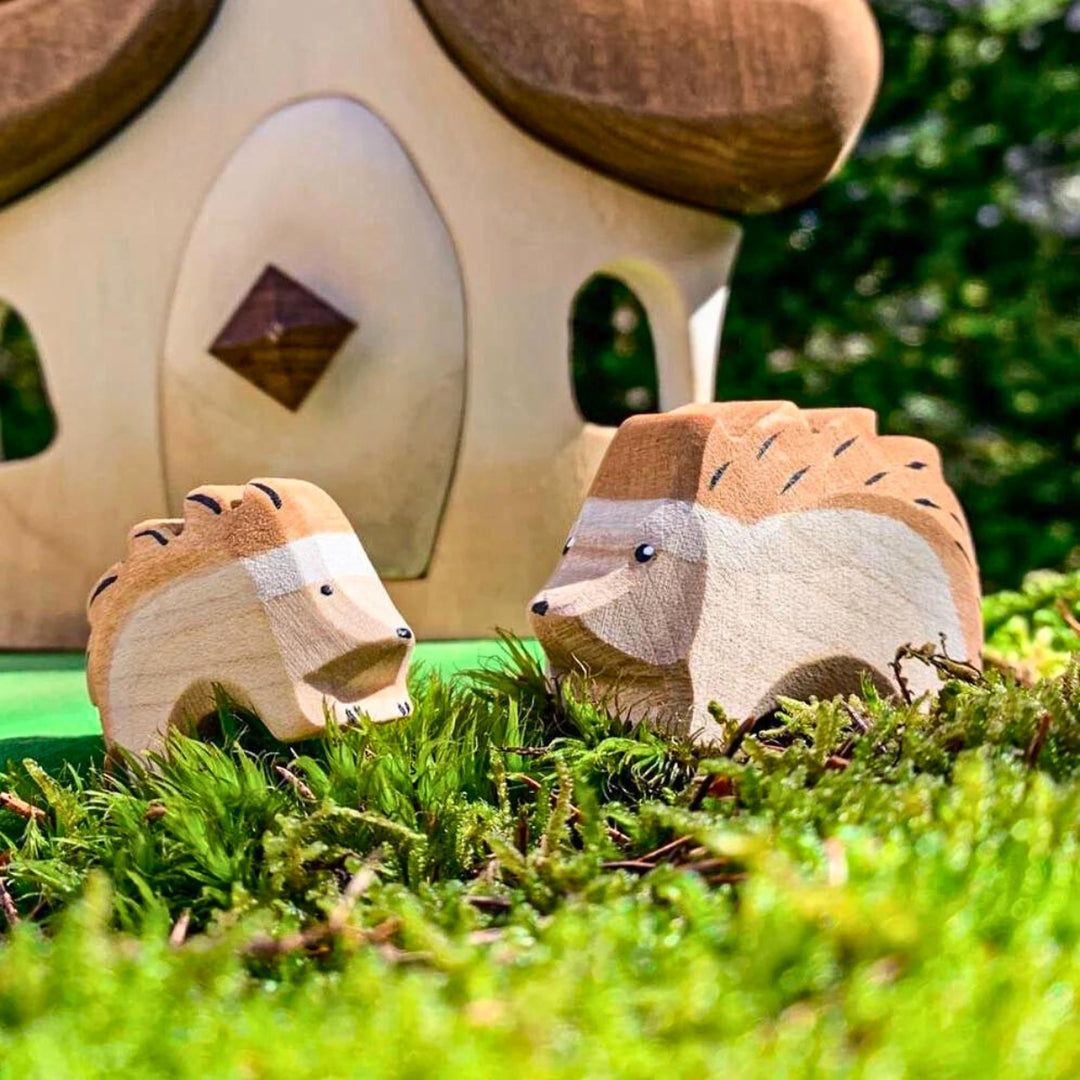 BumbuToys Handcrafted Wooden Animal Hedgehog from Australia in a small-world play setting