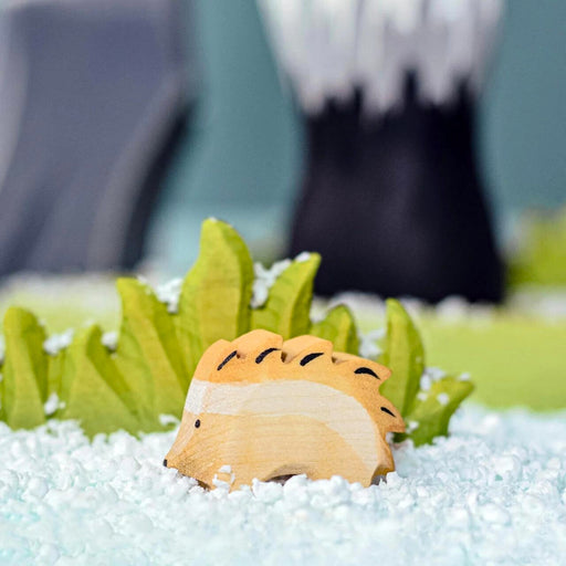 BumbuToys Handcrafted Wooden Animal Small Hedgehog from Australia in a small-world play setting