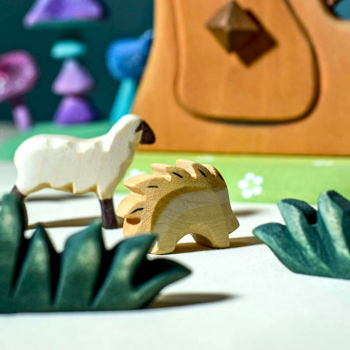 BumbuToys Handcrafted Wooden Animal Small Hedgehog from Australia in a small-world play setting