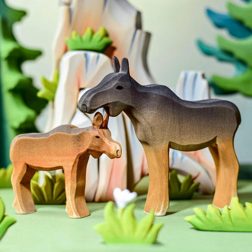 BumbuToys Handcrafted Wooden Animal Female Moose from Australia in a small-world play setting