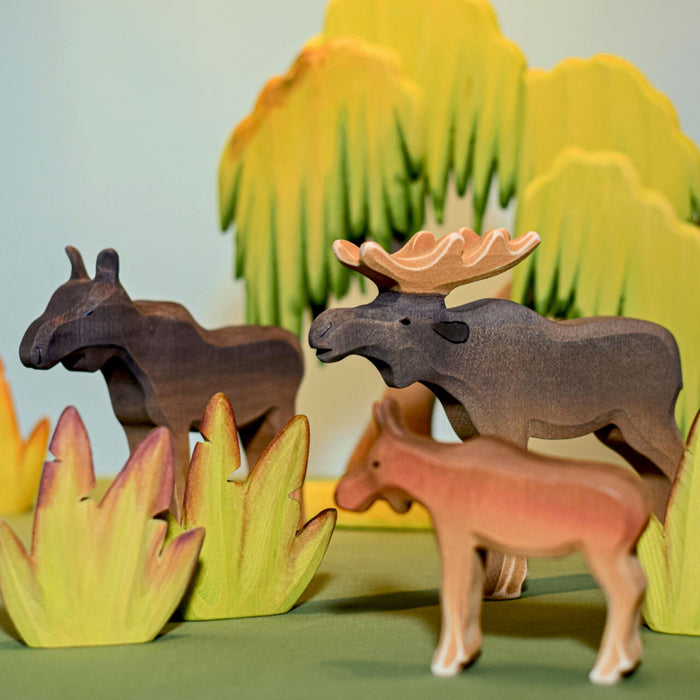 BumbuToys Handcrafted Wooden Animal Male Moose from Australia in a small-world play setting
