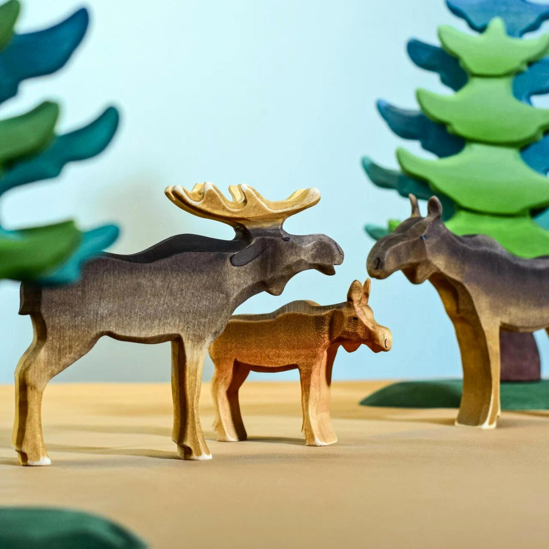 BumbuToys Handcrafted Wooden Animal Male Moose from Australia in a small-world play setting