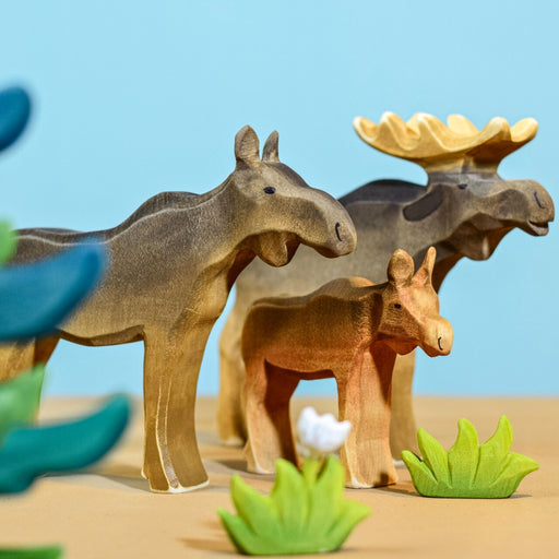 BumbuToys Handcrafted Wooden Animal Female Moose from Australia in a small-world play setting