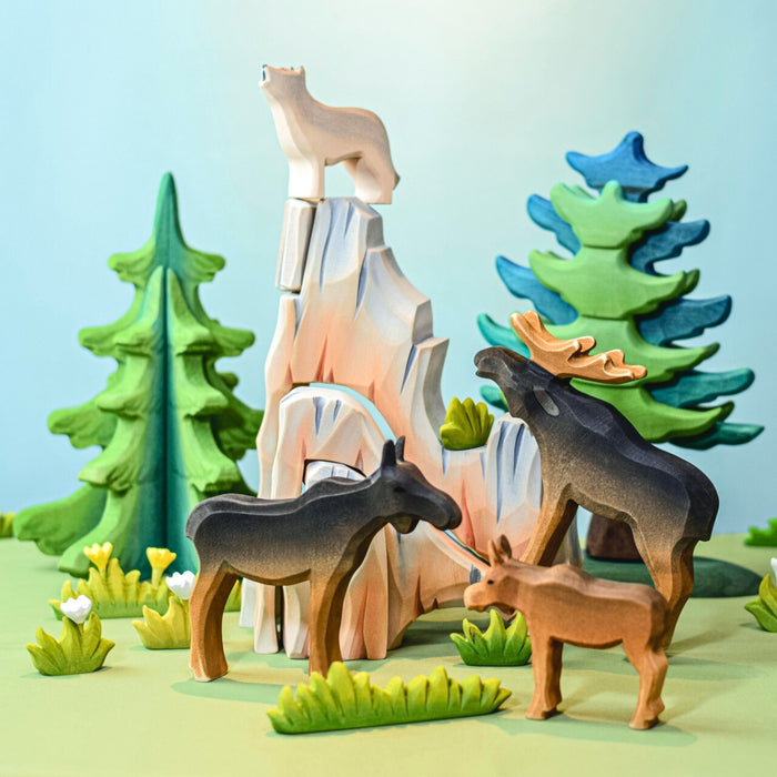 BumbuToys Handcrafted Wooden Animal Male Moose from Australia in a small-world play setting
