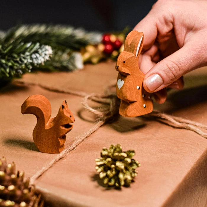 BumbuToys Handcrafted Wooden Animal Squirrel from Australia in a small-world play setting