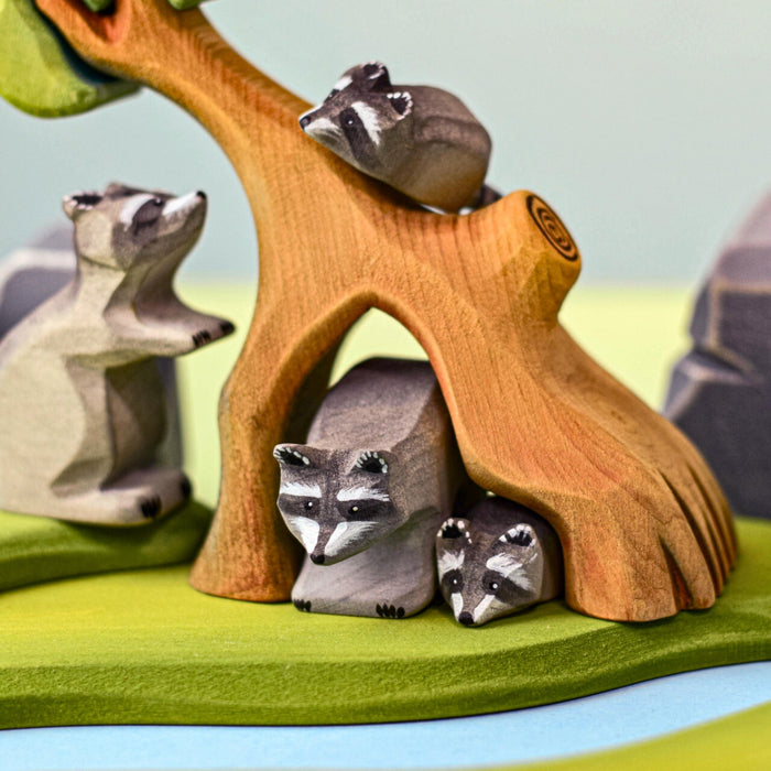 BumbuToys Wooden Handcrafted Animal and Hollow Tree Figures Raccoon Family Set of 5 for Small World Play from Australia