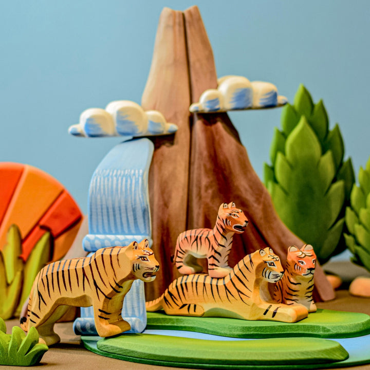 BumbuToys Handcrafted Wooden Animal Tiger from Australia in a small-world play setting