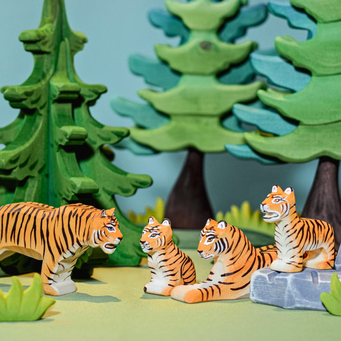 BumbuToys Handcrafted Wooden Animal Tiger Cub Standing from Australia in a small-world play setting
