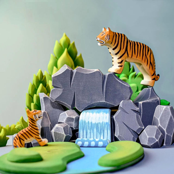 BumbuToys Handcrafted Wooden Animal Tiger from Australia in a small-world play setting