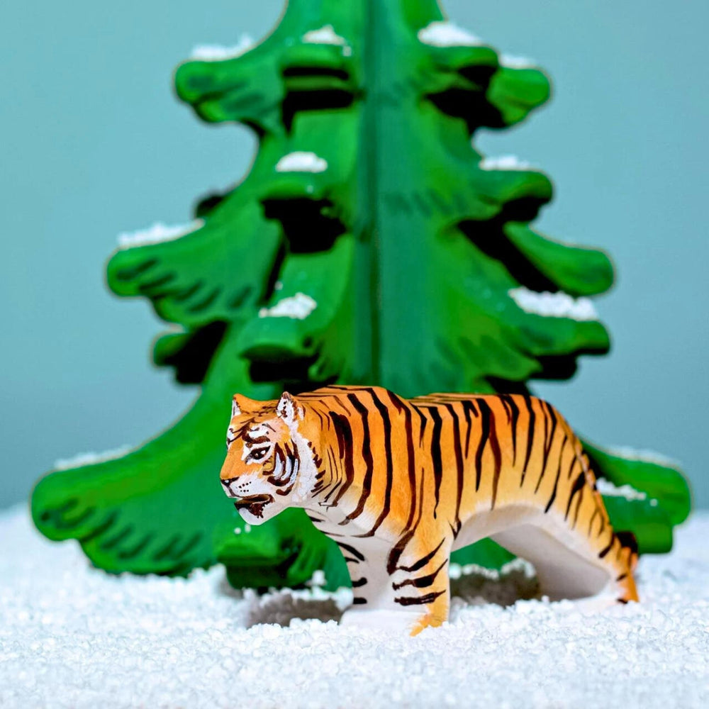 BumbuToys Handcrafted Wooden Animal Tiger from Australia in a small-world play setting