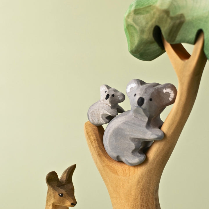 BumbuToys Wooden Animals Koala Bear Family & Eucalyptus Tree Set of 3 for Small World Play from Australia