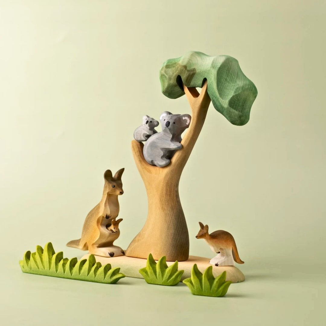 BumbuToys Wooden Animals Koala Bear Family & Eucalyptus Tree Set of 3 for Small World Play from Australia
