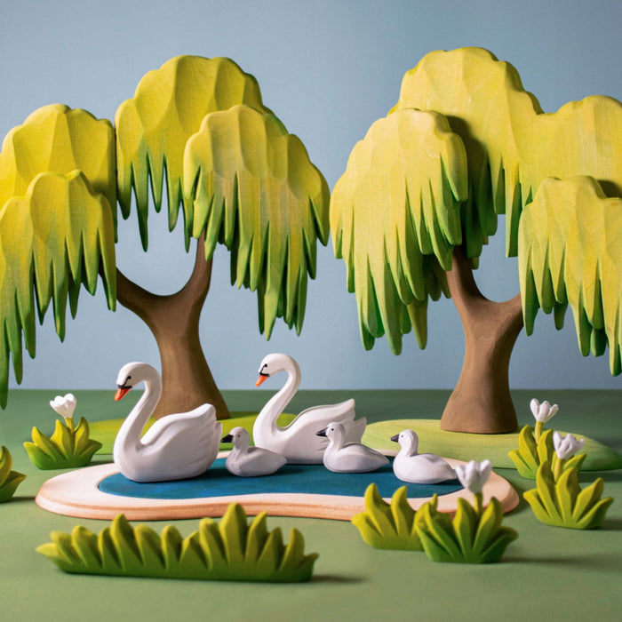 BumbuToys Handcrafted Wooden Bird Swans from Australia in a small-world play setting