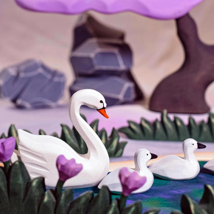 BumbuToys Handcrafted Wooden Bird Swans from Australia in a small-world play setting
