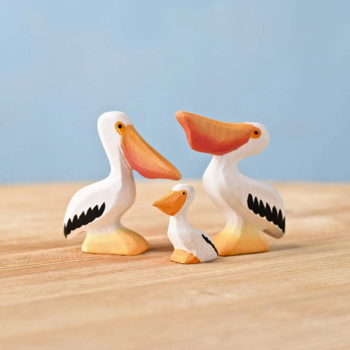 BumbuToys Wooden Birds - Pelican Family - Set of 3 for Small World Play from Australia
