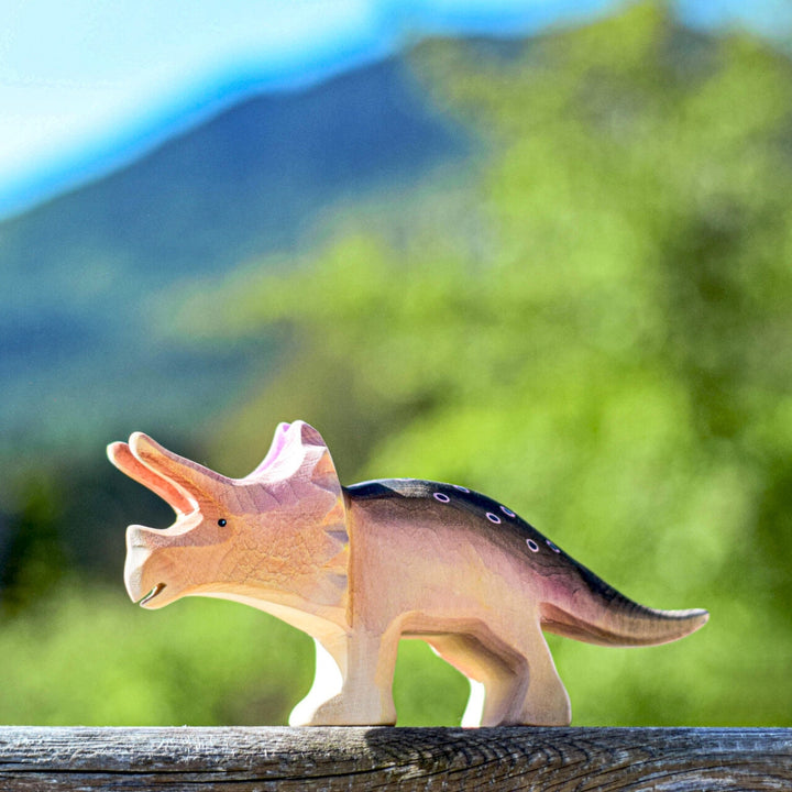 BumbuToys Handcrafted Wooden Dinosaur Triceratops for Small World Play from Australia