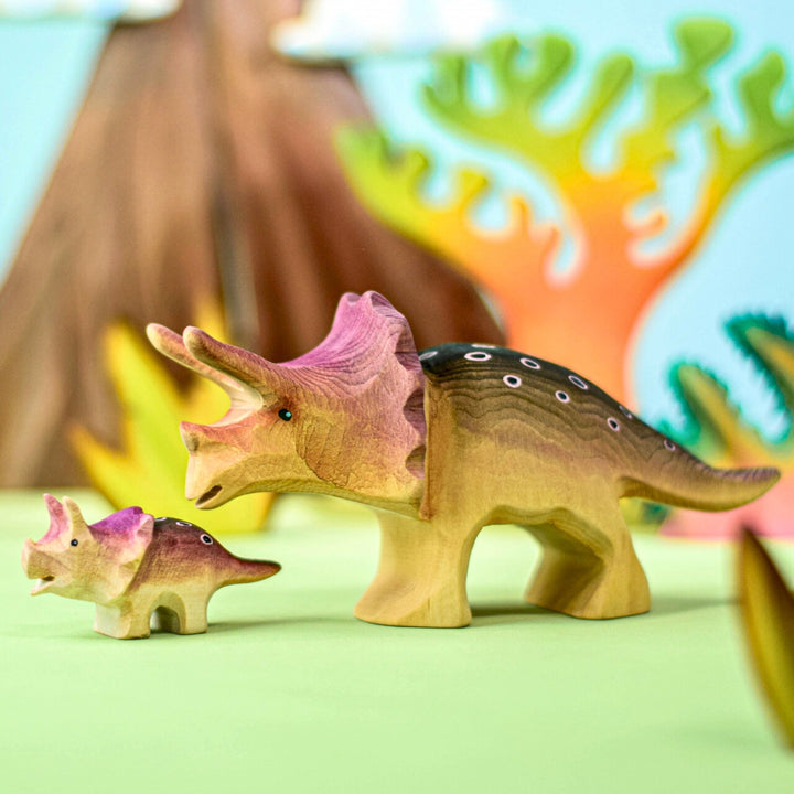 BumbuToys Handcrafted Wooden Dinosaur Triceratops Baby for Small World Play from Australia