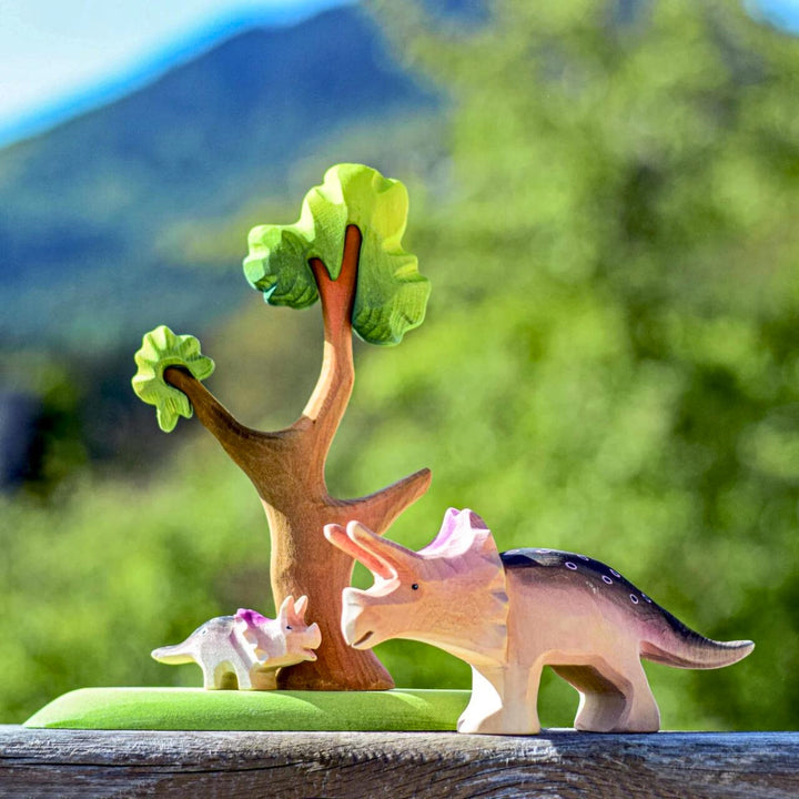 BumbuToys Handcrafted Wooden Dinosaur Triceratops Baby for Small World Play from Australia