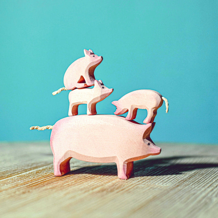BumbuToys Handcrafted Wooden Farm Animal Pig with Piglets Family Set of 4 from Australia