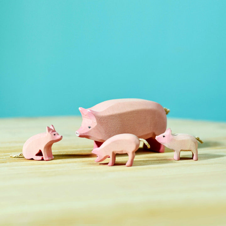 BumbuToys Handcrafted Wooden Farm Animal Pig with Piglets Family Set of 4 from Australia