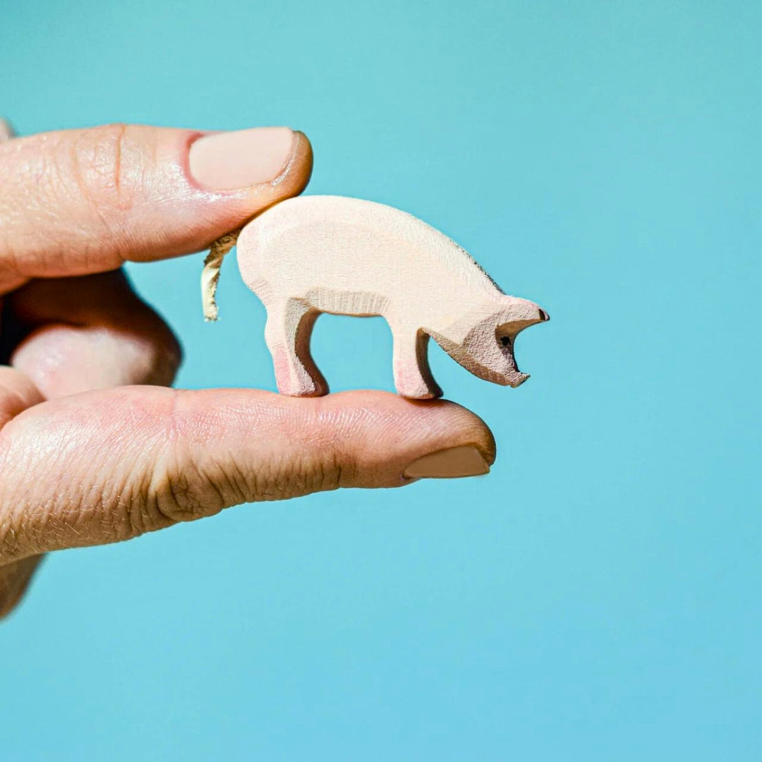 BumbuToys Handcrafted Wooden Farm Animal Piglet Eating from Australia