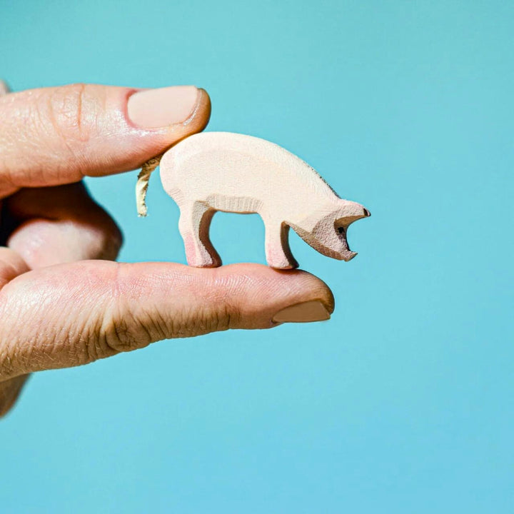 BumbuToys Handcrafted Wooden Farm Animal Piglet Eating from Australia