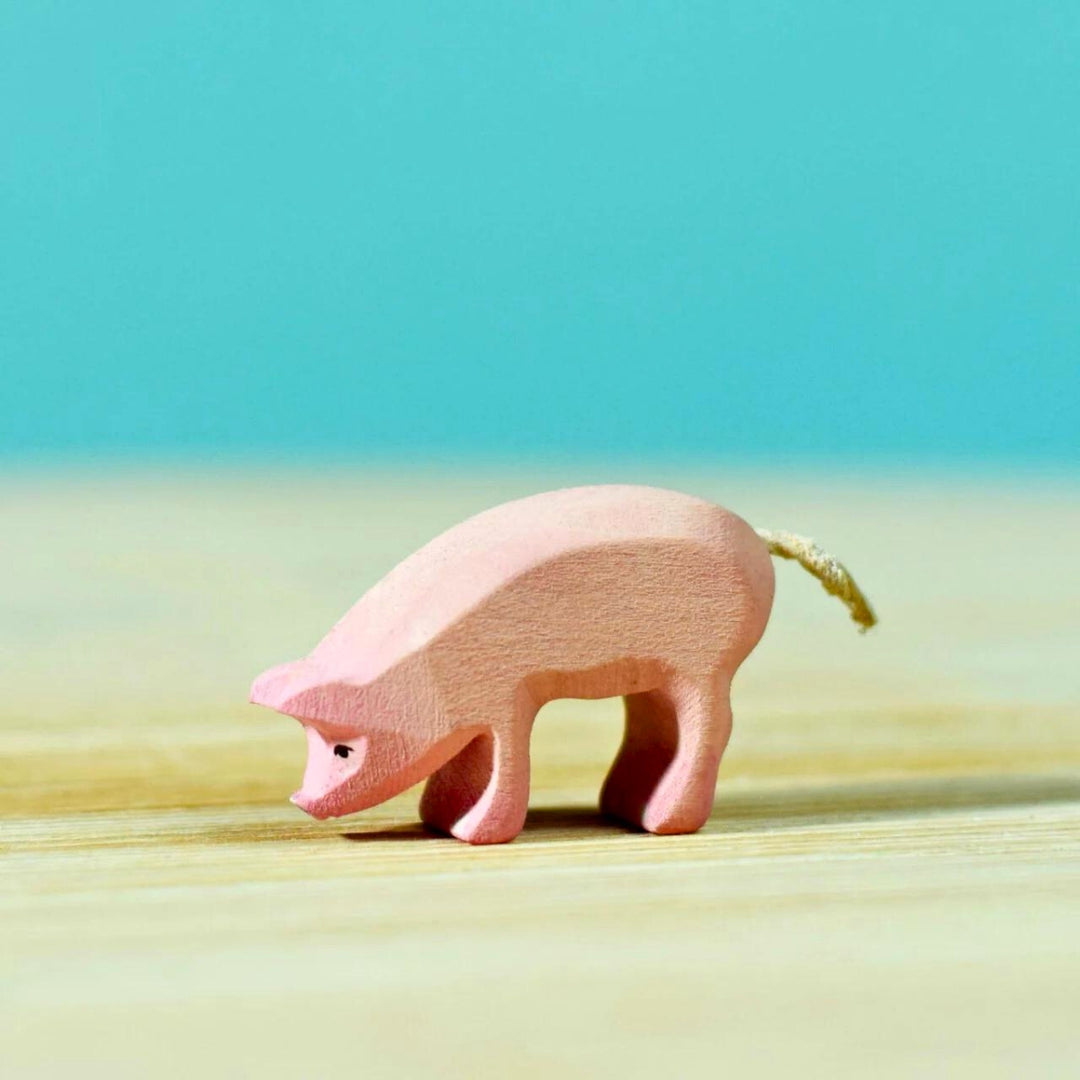 BumbuToys Handcrafted Wooden Farm Animal Piglet Eating from Australia