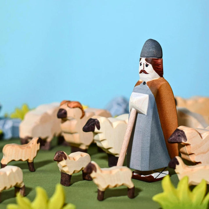 BumbuToys Handcrafted Wooden Farm Animal Sheep from Australia in a small-world play setting