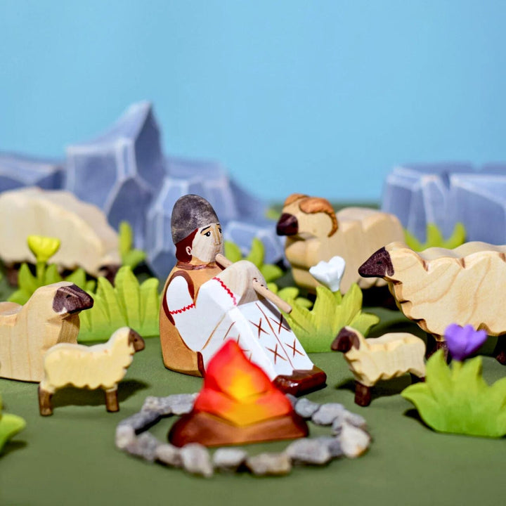 BumbuToys Handcrafted Wooden Farm Animal Sheep from Australia in a small-world play setting