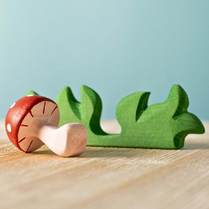 BumbuToys Wooden Figures - Mushroom & Grass - Set of 2