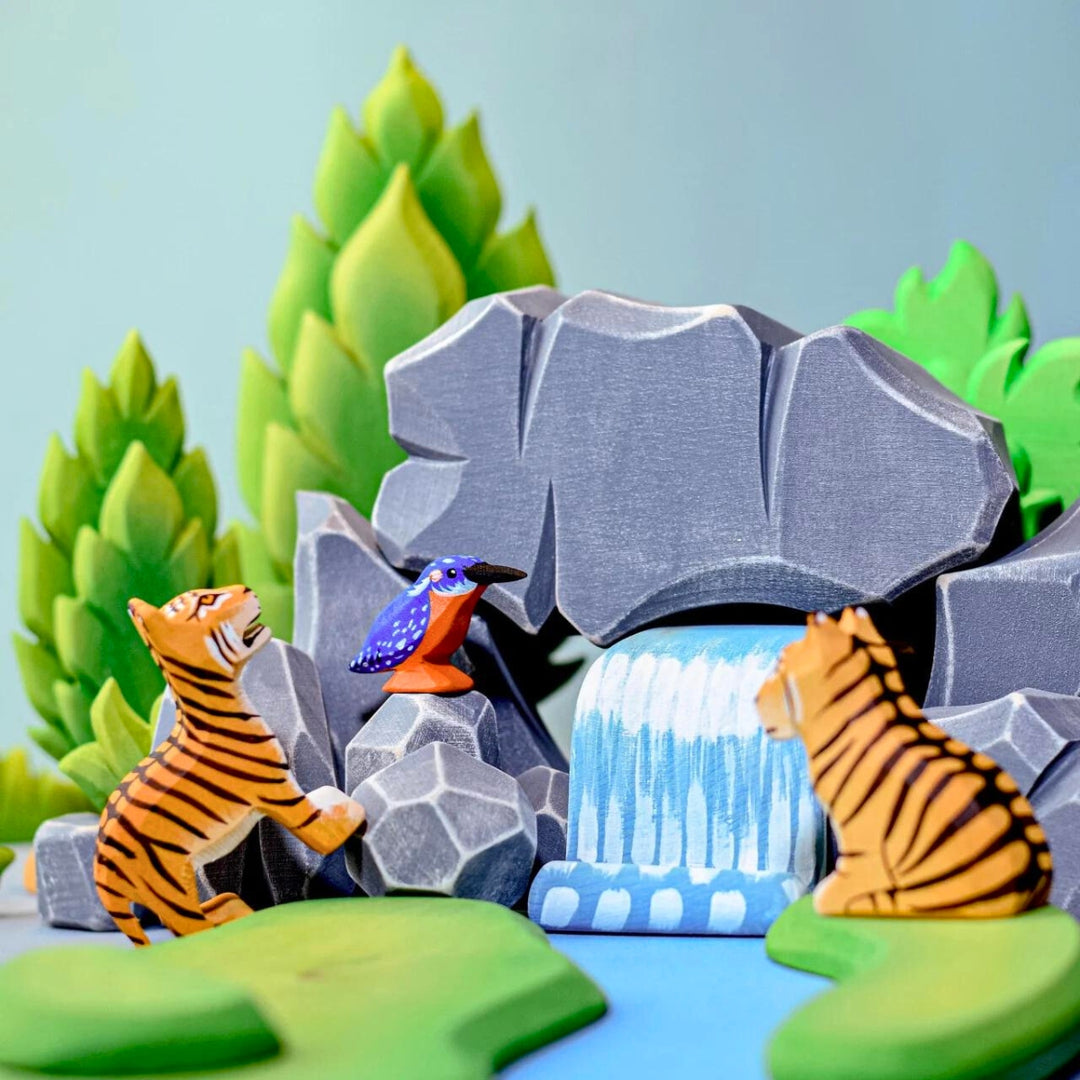BumbuToys Handcrafted Wooden Landscape River Rocks from Australia in a small-world play setting
