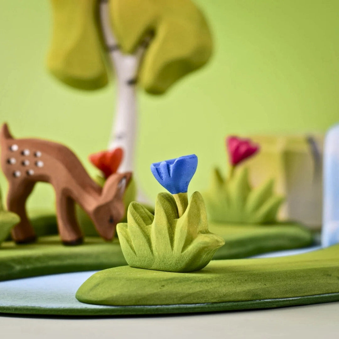 BumbuToys Wooden Plant Figure - Grass with Flower - Small, Blue for Small World Play from Australia