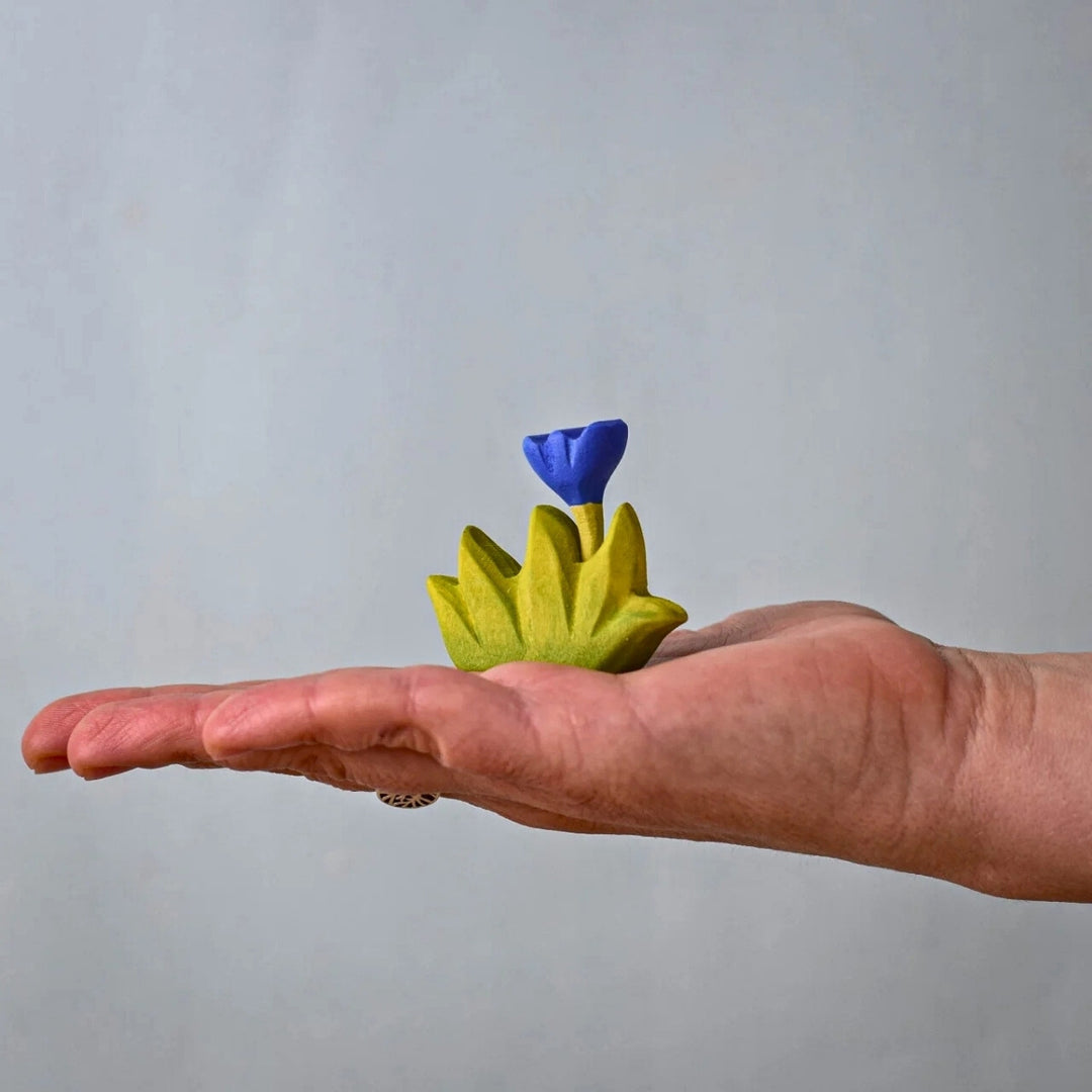 BumbuToys Wooden Plant Figure - Grass with Flower - Small, Blue for Small World Play from Australia