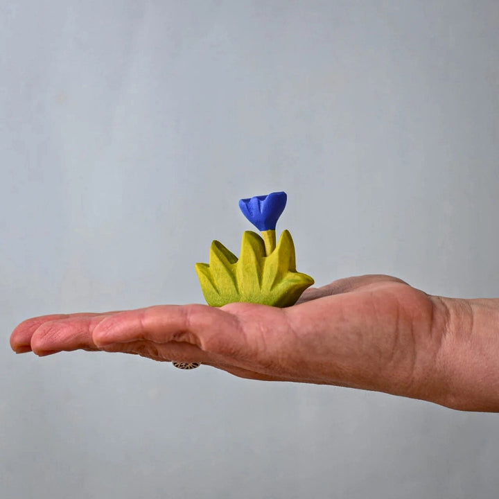 BumbuToys Wooden Plant Figure - Grass with Flower - Small, Blue for Small World Play from Australia