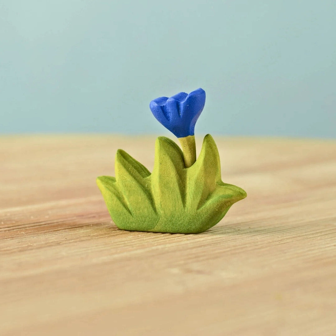 BumbuToys Wooden Plant Figure - Grass with Flower - Small, Blue for Small World Play from Australia