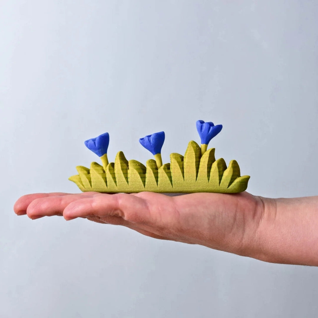 BumbuToys Wooden Plant Figure - Grass with Flowers - Large, Blue for Small World Play from Australia