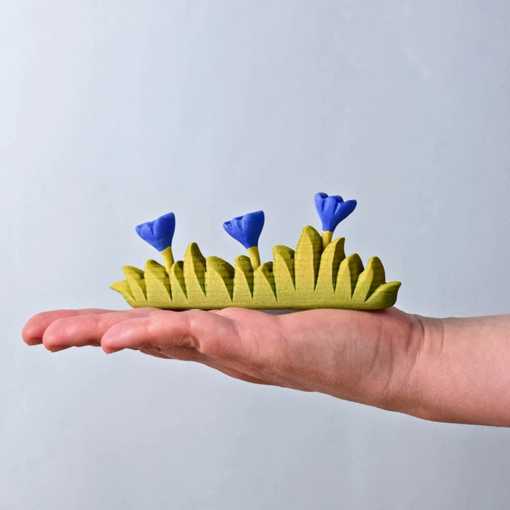 BumbuToys Wooden Plant Figure - Grass with Flowers - Large, Blue for Small World Play from Australia