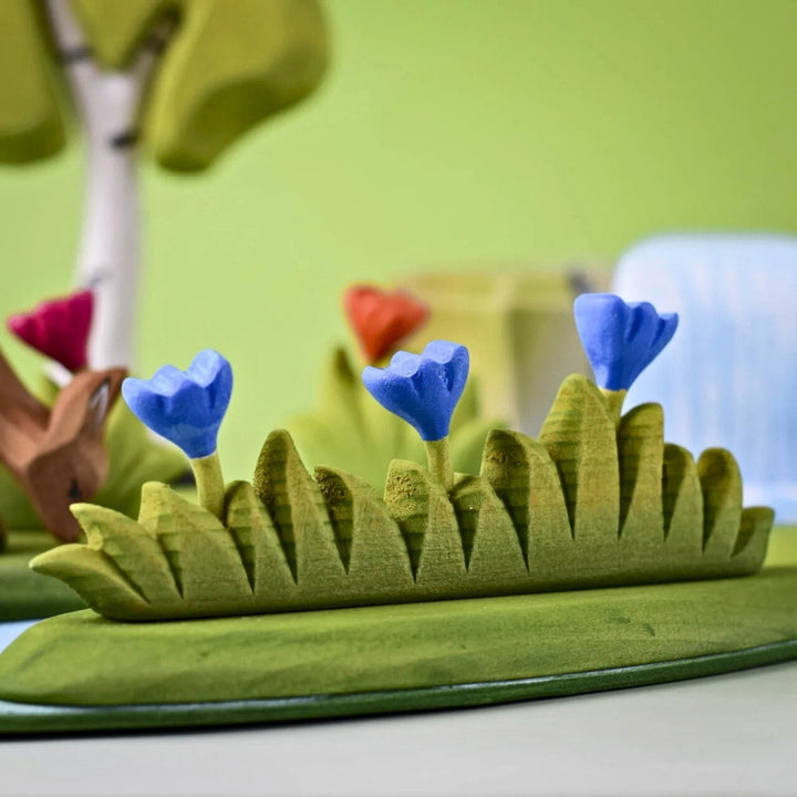 BumbuToys Wooden Plant Figure - Grass with Flowers - Large, Blue for Small World Play from Australia