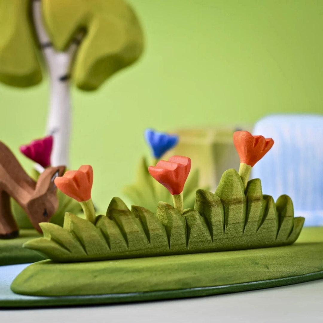 BumbuToys Wooden Plant Figure - Grass with Flowers - Large, Orange for Small World Play from Australia