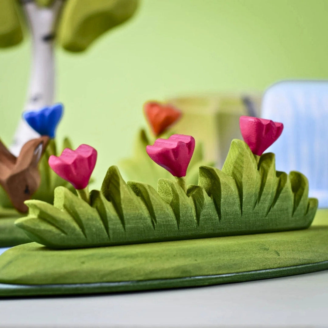 BumbuToys Wooden Plant Figure - Grass with Flowers - Large, Pink for Small World Play from Australia