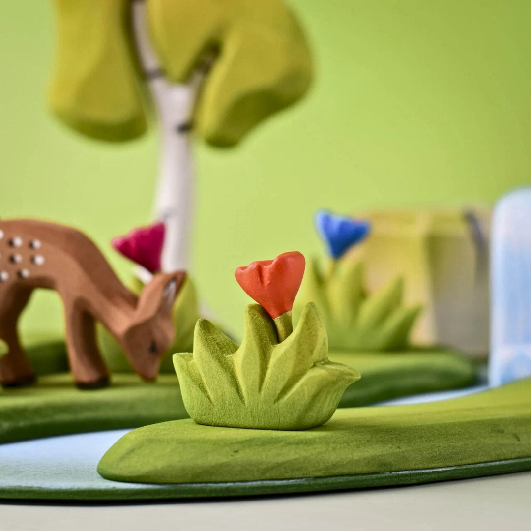 BumbuToys Wooden Plant Figure - Grass with Flower - Small, Orange for Small World Play from Australia