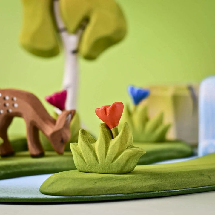 BumbuToys Wooden Plant Figure - Grass with Flower - Small, Orange for Small World Play from Australia