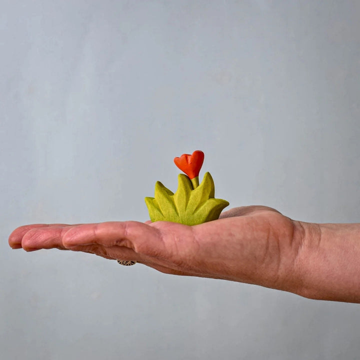 BumbuToys Wooden Plant Figure - Grass with Flower - Small, Orange for Small World Play from Australia