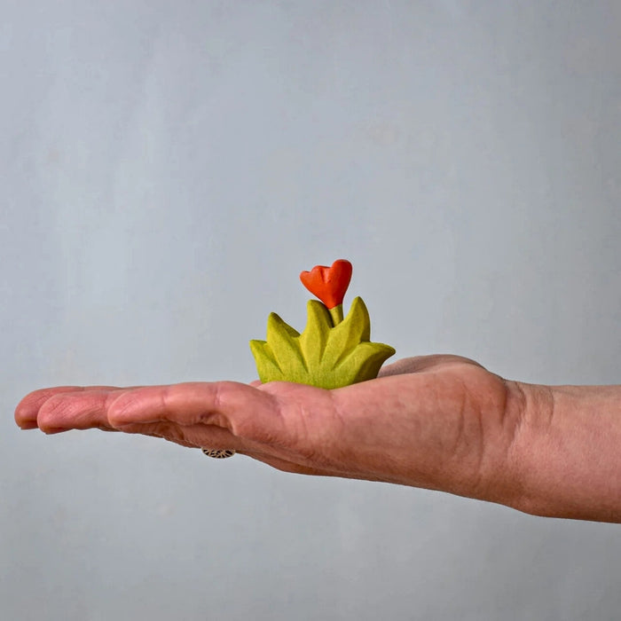 BumbuToys Wooden Plant Figure - Grass with Flower - Small, Orange for Small World Play from Australia